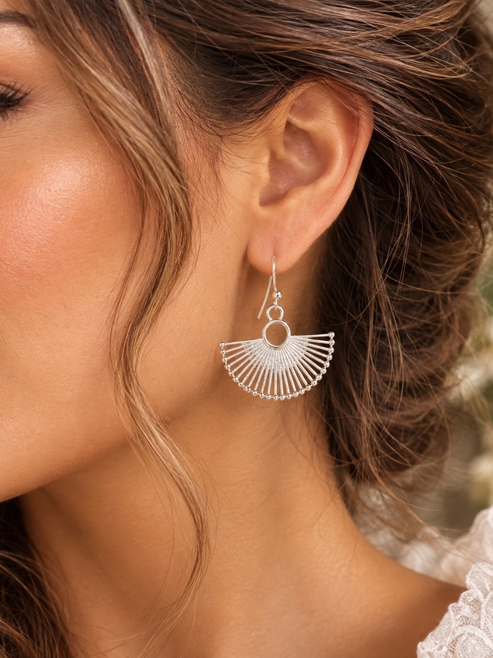 Silver Fan Drop Earrings - Women Jewelry